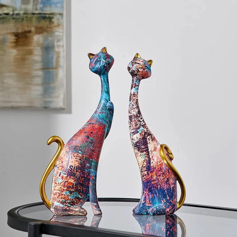 

1Pair Graffiti Art Cat Animal Ornaments Resin Figurine Crafts Fairy Garden Miniatures Home Decoration Accessories