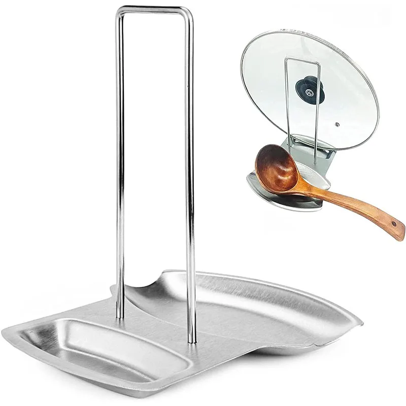 Stainless Steel Pot Lid Rack and Spoon Rest Holder Kitchen Tool for Organizing Cooking Utensils Sleek Silver Design for Countert