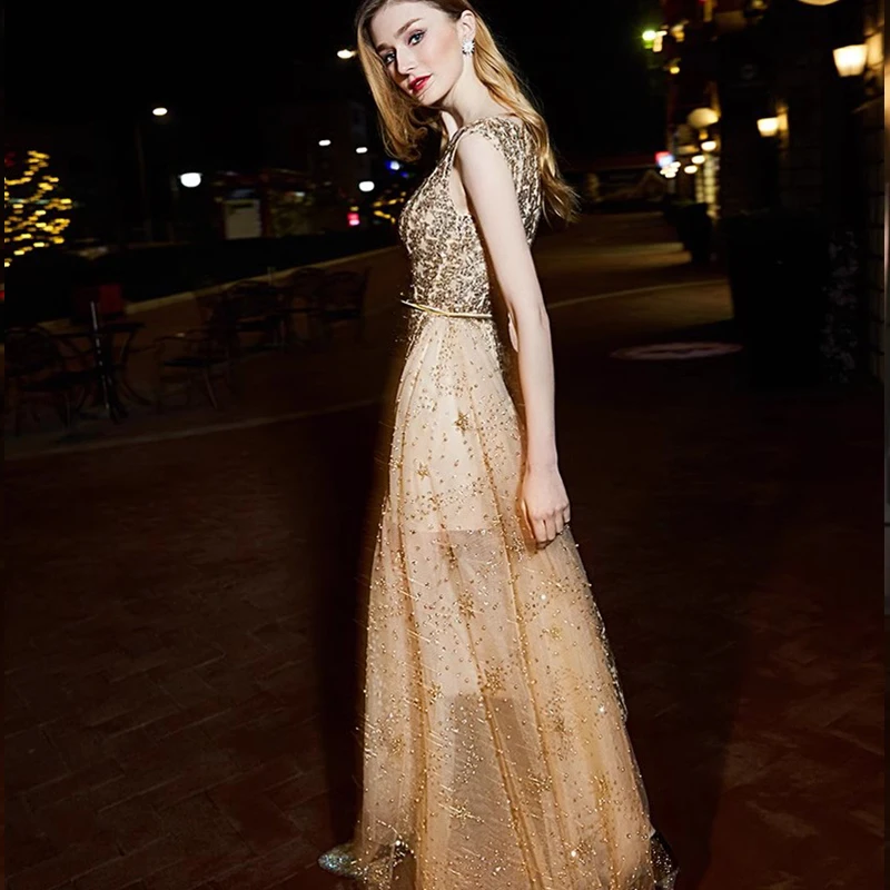 

Evening dress Women banquet noble temperament gold aura dinner dress dress