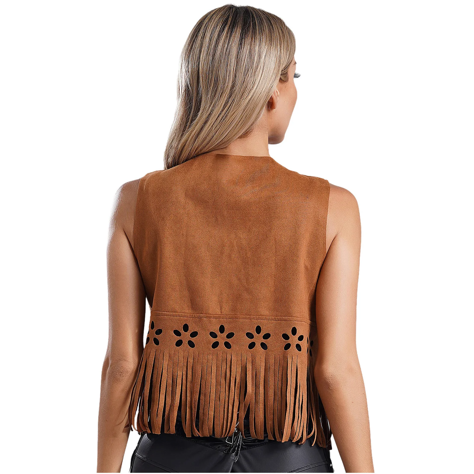 Womens Western Cowgirl Costume Faux Suede Hippie Rivets Fringe Waistcoat Cardigan Open Front Tassel Vest Halloween Cosplay Tops