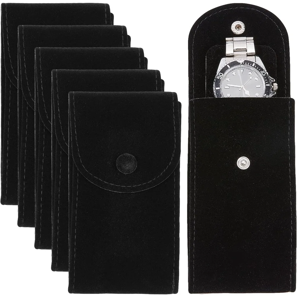 6 Pcs Velvet Watch Pouch, Black Portable Single Watch Travel Case Watch Storage Bag Luxury Gift Bag with Snap Button