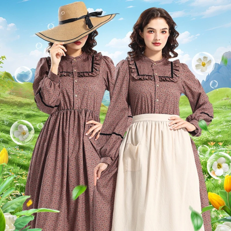 

Halloween Costume Prairie Brown Pastoral Floral Dress Pioneer Dress Victorian Medieval Dress Women's Stage Performance Costumes