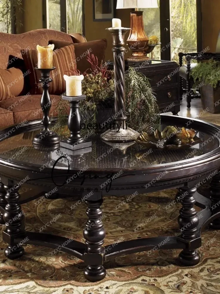 Solid Wood Vintage Vintage Rattan round Tea Table  Simple Solid Wood round Living Room Coffee Table