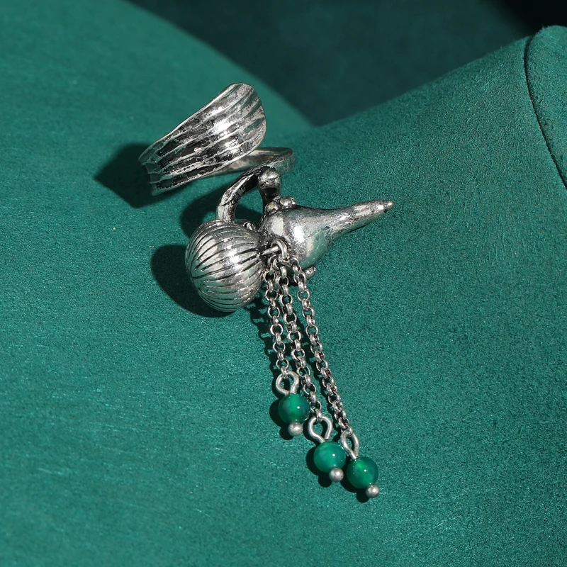 

Vintage Large Silver Plated Calabash Rings Dangle Green Beads Designer Natural Stone Jewelry Luxury For Ladies Art Festival Deco
