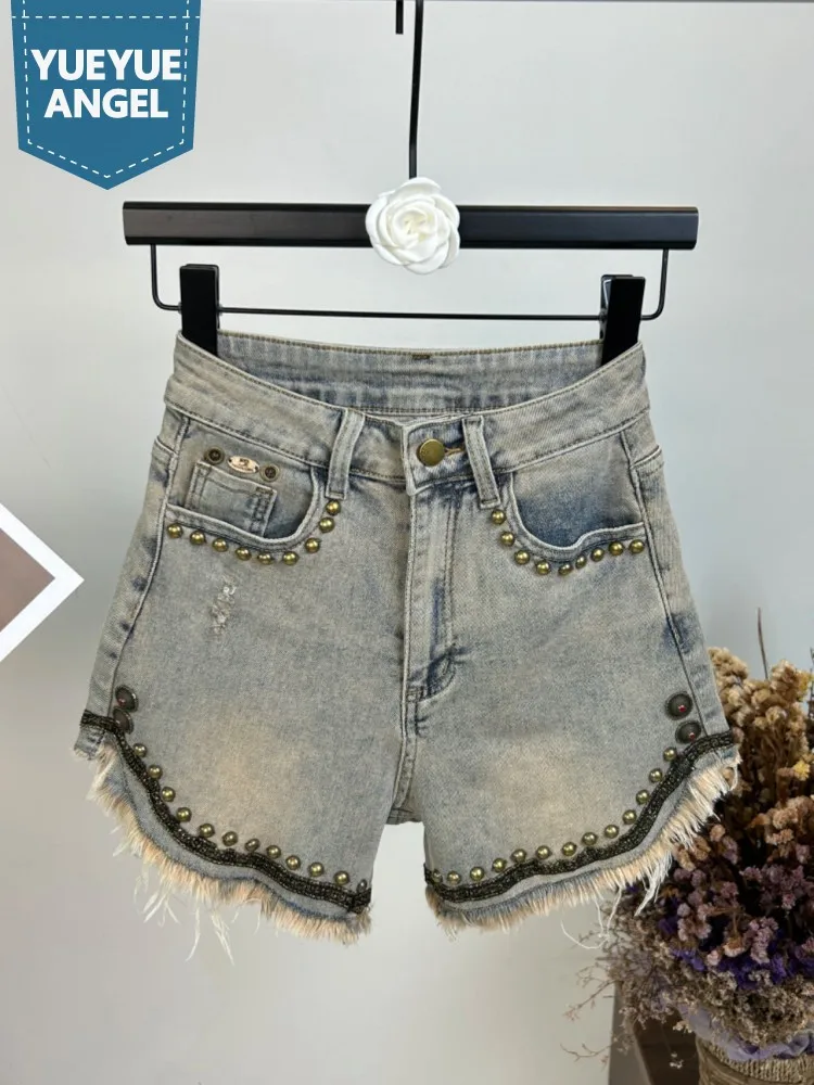 

High Street Women Tassels Wide Leg Hot Shorts Vintage Rivet Beading Denim Shorts Casual Jeans Summer High Waist Loose Fit Shorts