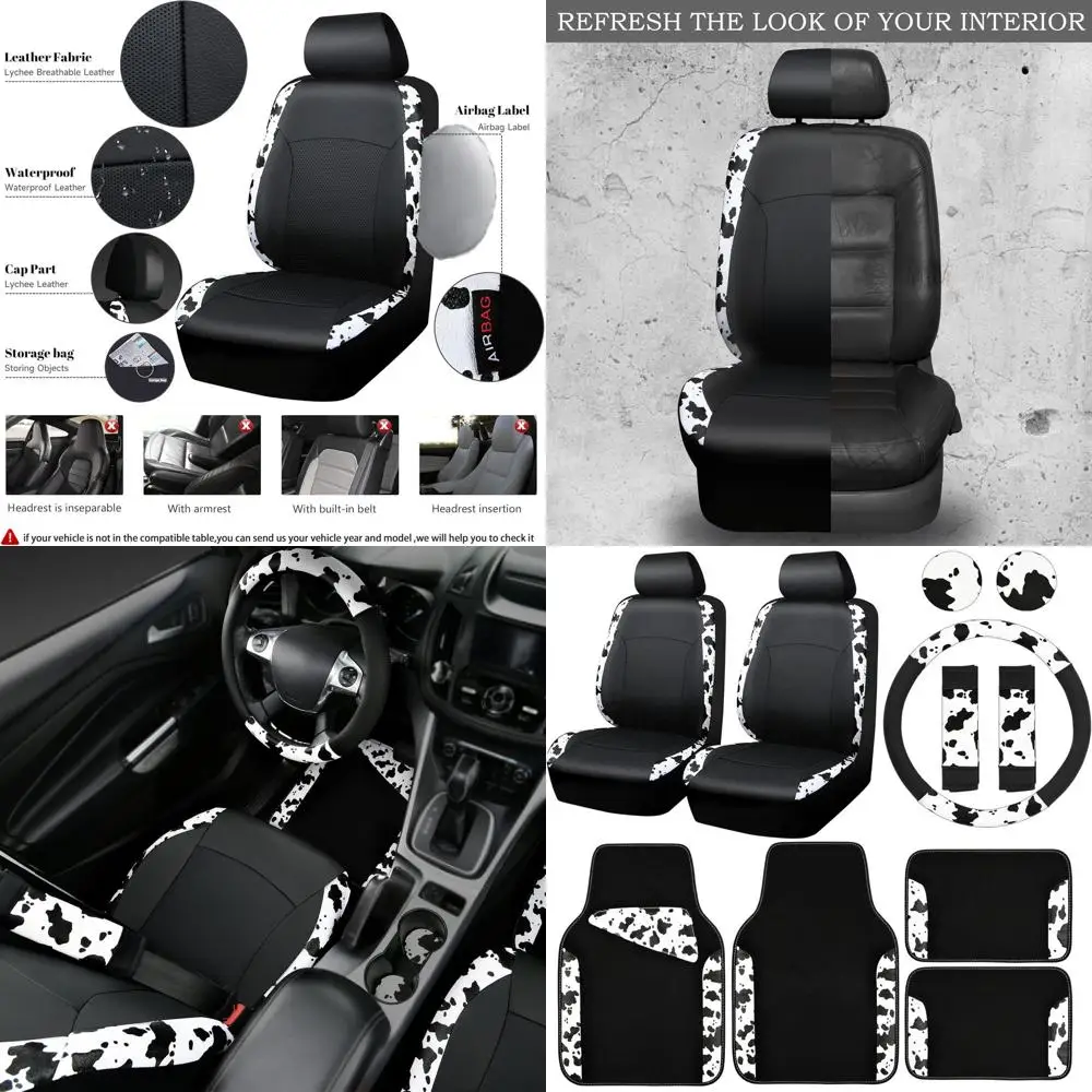 

Universal Cow Print Car Seat Covers, Mats, and Steering Wheel Cover Set for SUV, Van, Sedan, and Truck Interiors - Cute Design f