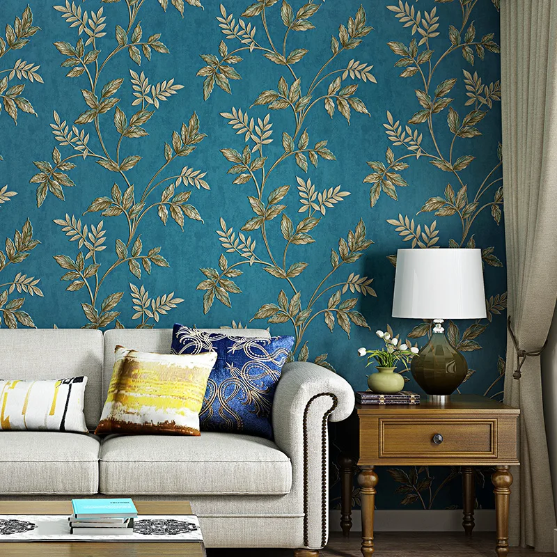 Papel De Parede 3D Peacock Blue Leaves Wallpaper American Living Room Bedroom Dining Room Relief Wall Paper Roll Vintage