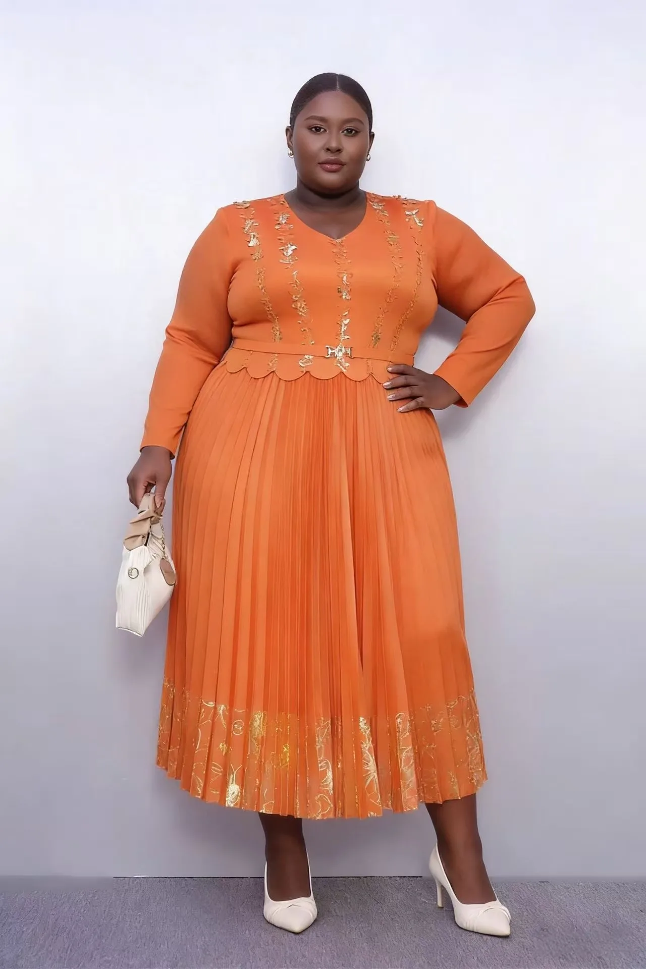 ミヤケプリーツドレスファッションブロンズウエスト細見え気質エレガントレディースドレス2025秋冬新作