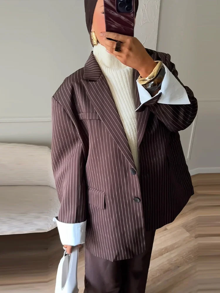 Elegantní pruhované sako Y2K pro ženy, podzim/zima 2025, dlouhý rukáv, kabát, dámské ležérní jednořadé dámské svrchní oblečení - náhled 3
