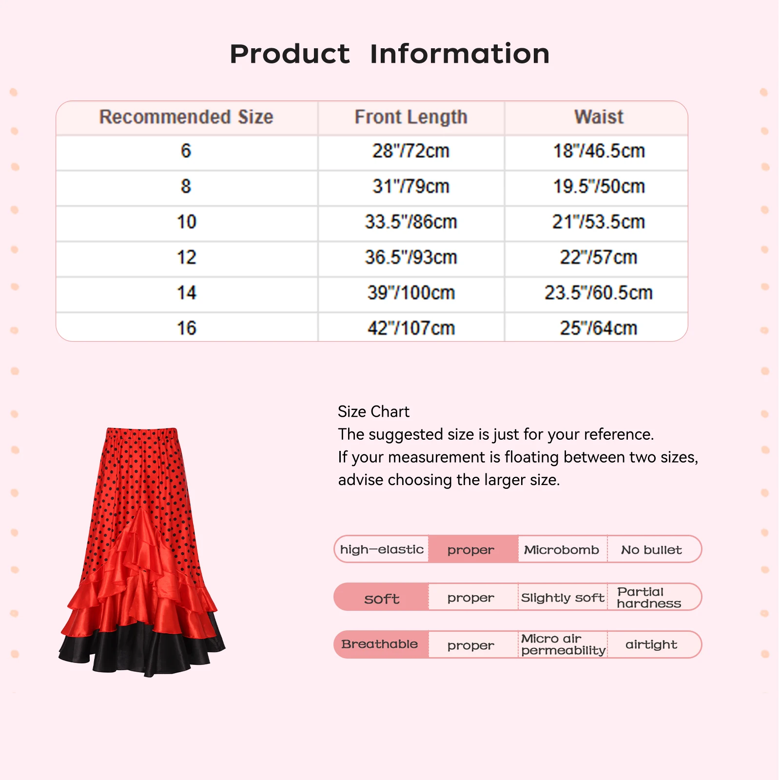 Gonna da ballo di flamenco spagnolo per ragazze Gonne lunghe con volant in raso a pois Classico Flamengo Gypsy Dancewear Costume da spettacolo teatrale