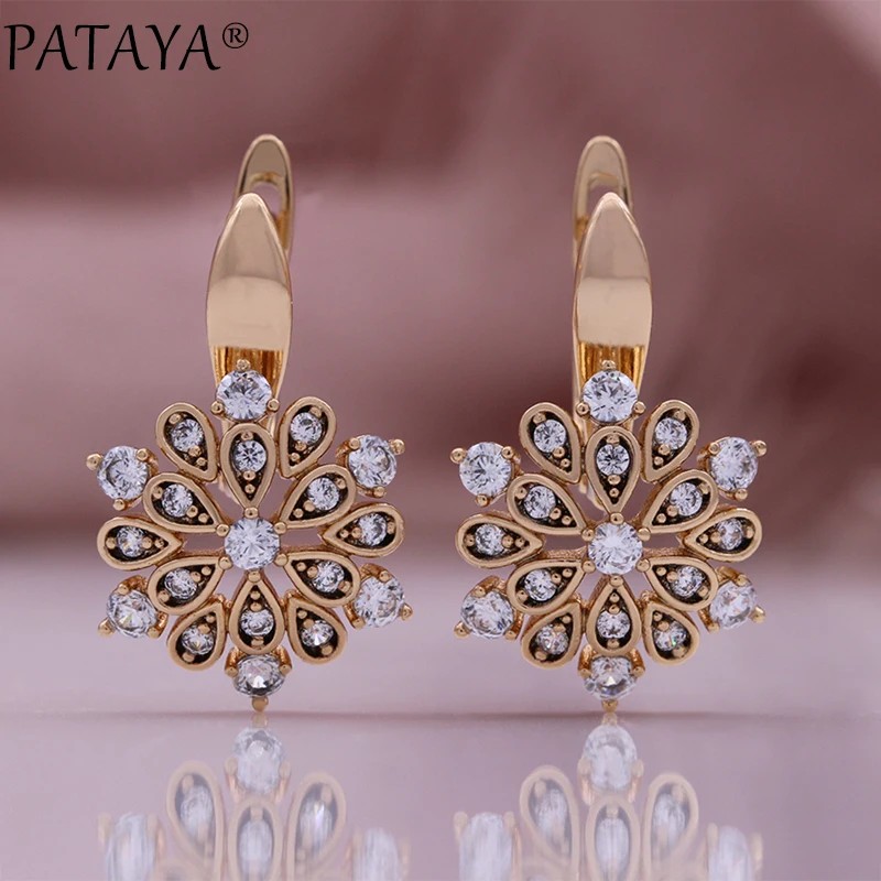 PATAYA New 585 Rose Gold Color Stud Earrings Fashion Crystal Flower Natural Zircon Earrings for Women Elegant Vintage Jewelry