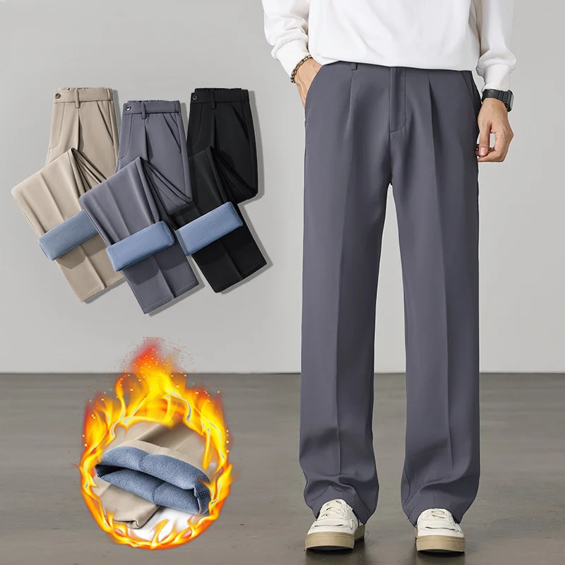 

﻿Winter Thermal Fleece Men's Suit Pants Business Elastic Waist Warm Classic Korean Formal Straight Fluff Grey Trousers Male