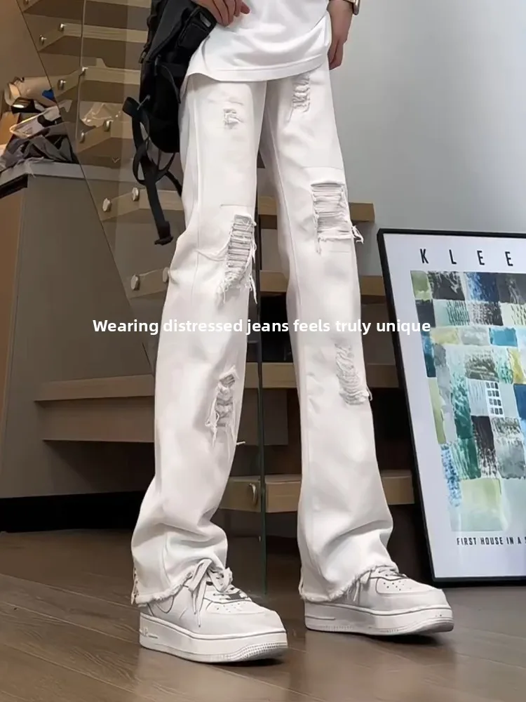 

American Sle Cleanfit White Ripped Jeans Men's Faionable Straight Leg High Waist Slimming Jeans Autumn Trendy Brand Jeans