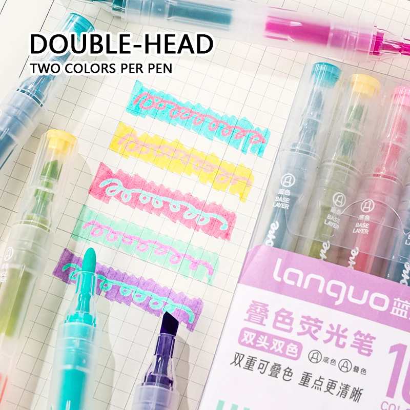 10 Colors/Box Dual-Tip Overlay Fluorescent Highlighter Set Multicolor Art Marker Pen for Note-Taking Journaling & Drawing