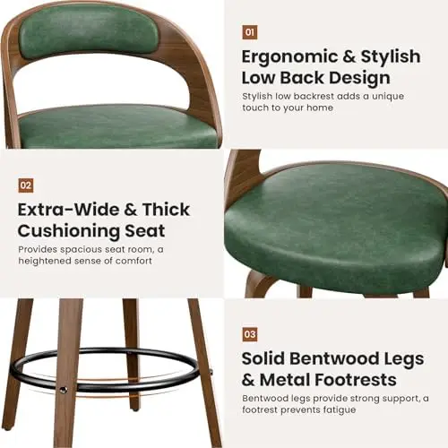 Swivel Bar Stools Set of 1, 26" Counter Height Bentwood Barstool | Mid-Century Modern PU Leather Upholstered Bar Chair view 6