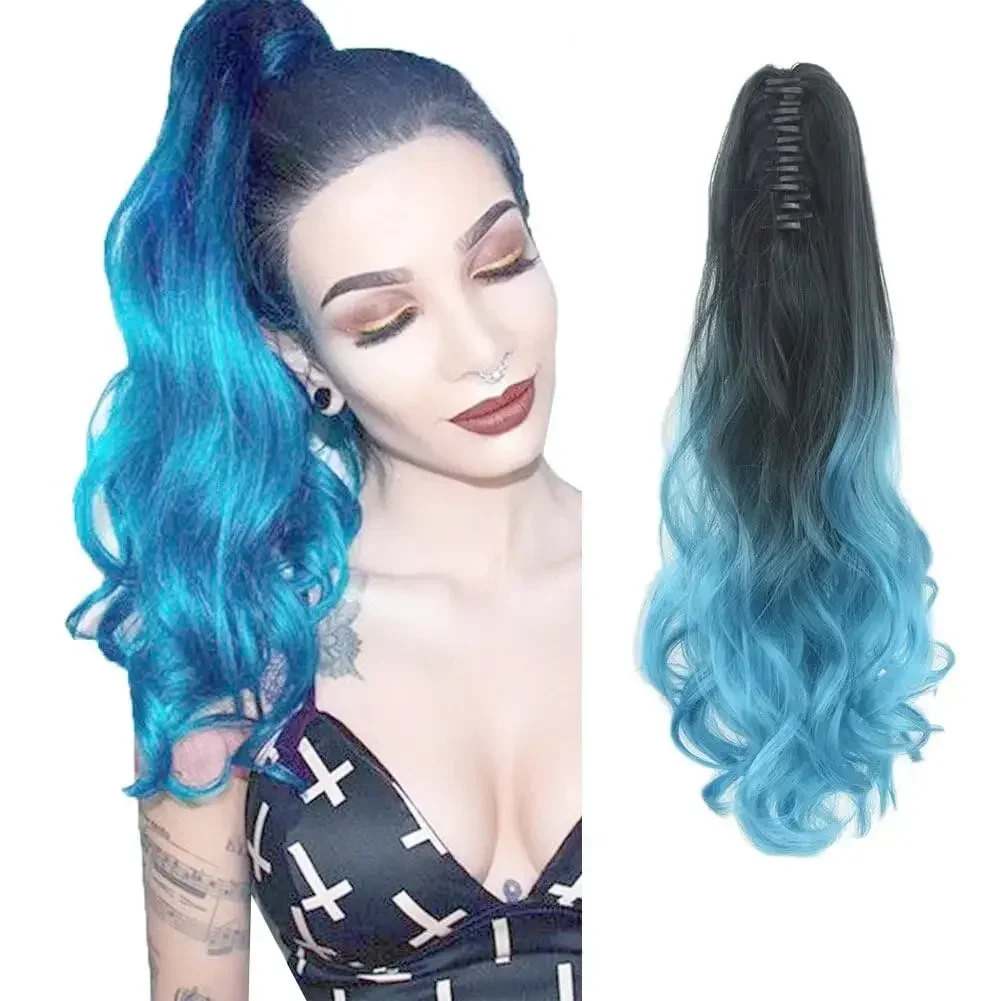 Soowee Synthetic Curly Ombre Blue Claw Ponytail Clip in Hair Extension Ponytail Wig Fake Hairpiece