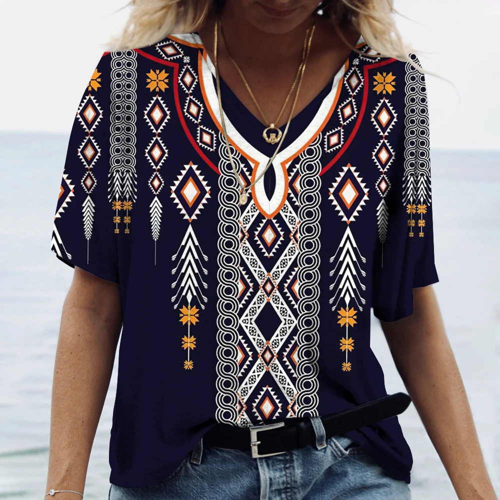 Summer Ethnic Style 3D Printed T-Shirts Women's Fashion Vintage Streetwear Short Sleeve V-Neck T Shirt Tees Tops Woman Clothing — zdjęcie 7