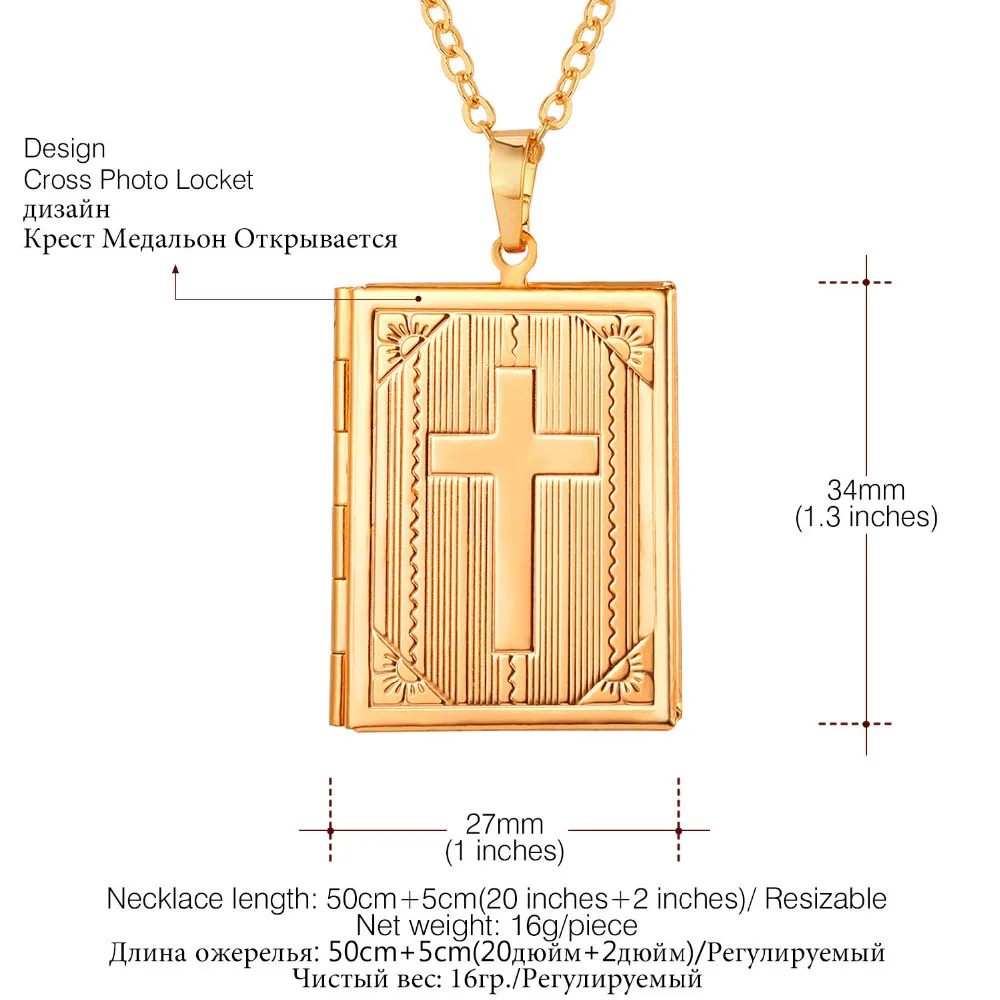 U7 Cross Locket Necklace Silver/Gold Color Trendy Jewelry Memory Photo Locket Necklaces Pendants For Women/Men Gift P316