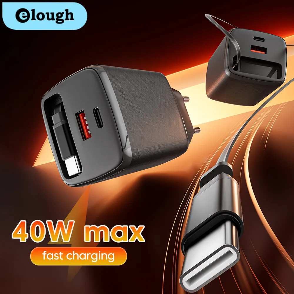 

Зарядное устройство с выдвижным кабелем 40 Вт QC 3.0 для iPhone 16 15 Pro Samsung S25, iPad, быстрое зарядное устройство USB Type C, ЕС/США