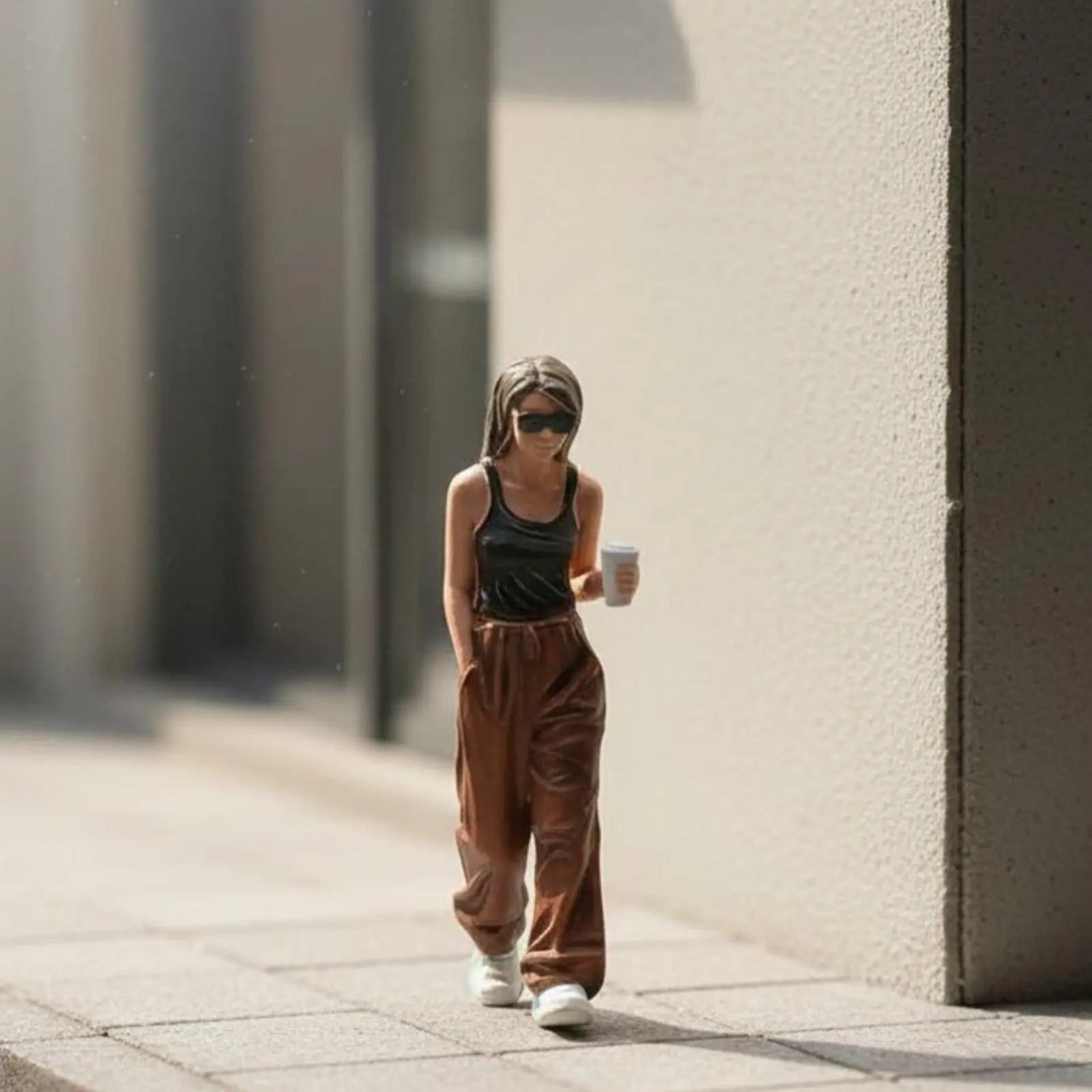 Strolling Female with Coffee Miniature Highly Detailed Stylish Girl Miniature Scene Figure Painted Resin People Model Lifelike