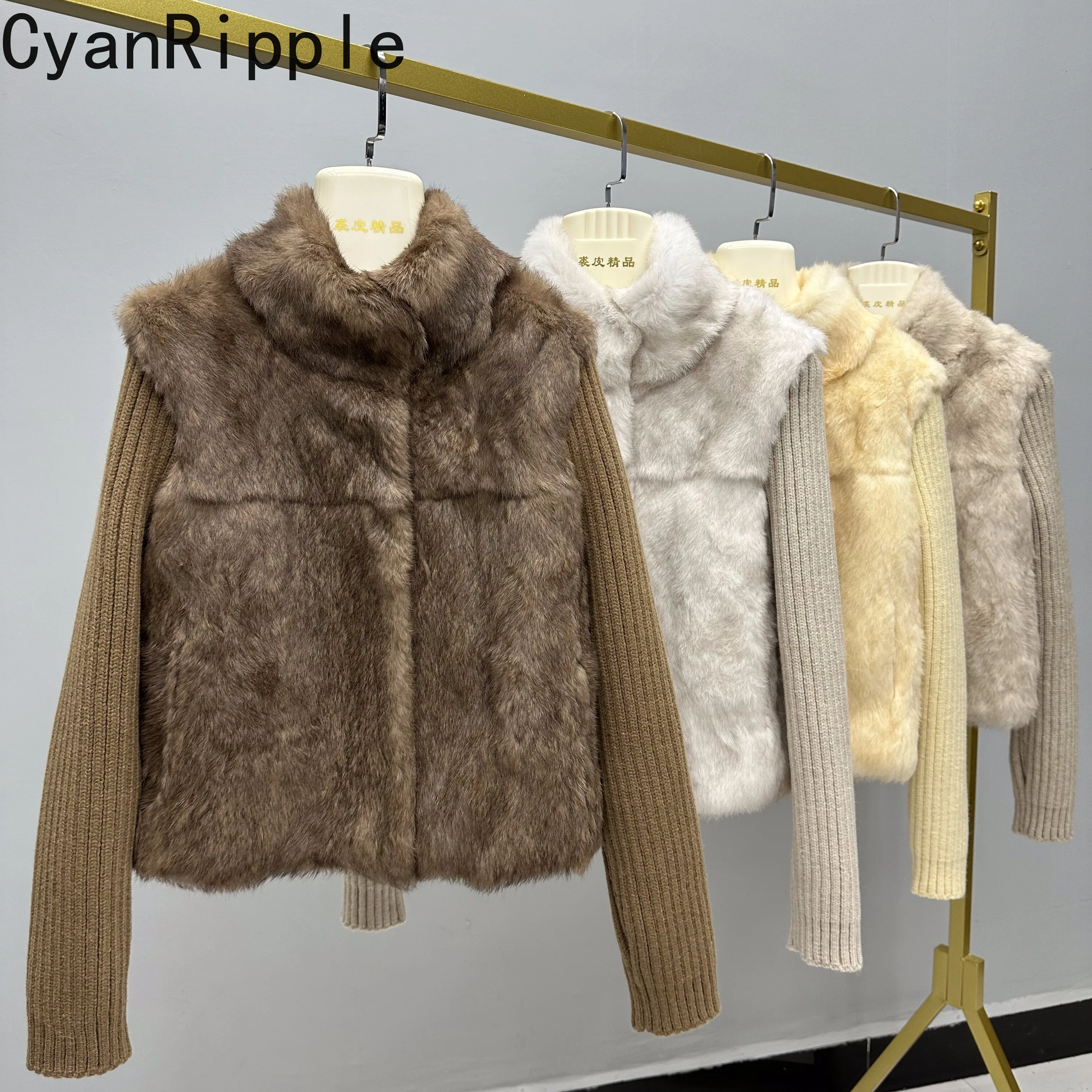 2026 New Autumn Winter Faux Two-piece Rabbit Hair Fur Coat Patchwork Women Knitted Long Sleeve Stand Collar Short Cardigans Coat
