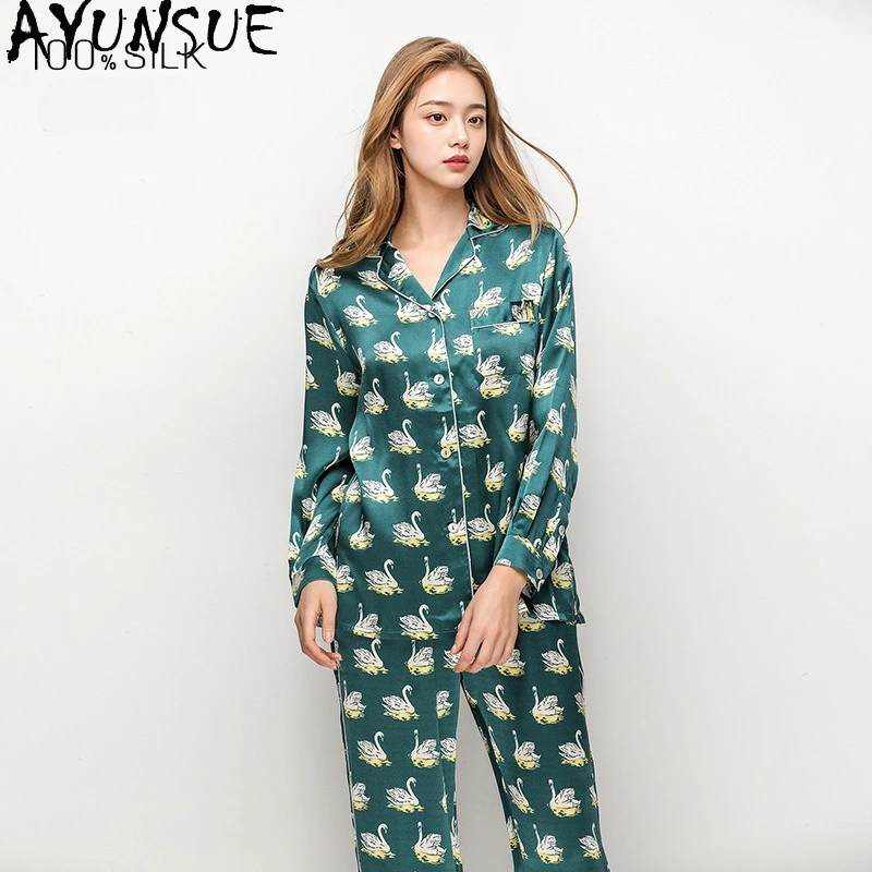 AYUNSUE 16Mm 100% Real Silk Pajama Sets Summer Sleepwear Women Women's Home Clothes Long Sleeve Top Pants Two-piece Set Пижама
