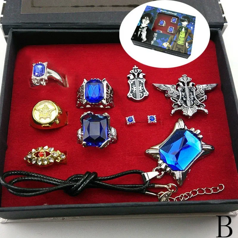 Juego de accesorios de Cosplay de Black Butler Kuroshitsuji Ciel Phantomhive, juego de anillo, collar, colgante, insignia, regalo de Sherlock, Michael, Alois, Trancy