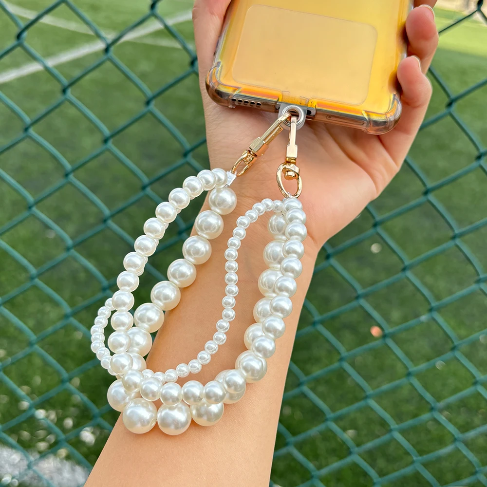 Universal Phone Pearl Pendant Wrist Strap with Hanging Tether Tabs Cellphone Hands-Free Charm Chain for Keychain Wallet Camera