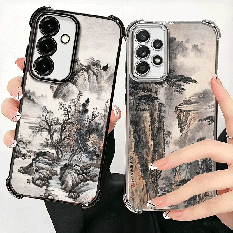 Chinese Style Ink Painting Art Plating Phone Case For Samsung A17 A57 A27 A37 A16 A56 A26 A36 A15 A55 A25 A35 A14 A54 A24 A34 A1