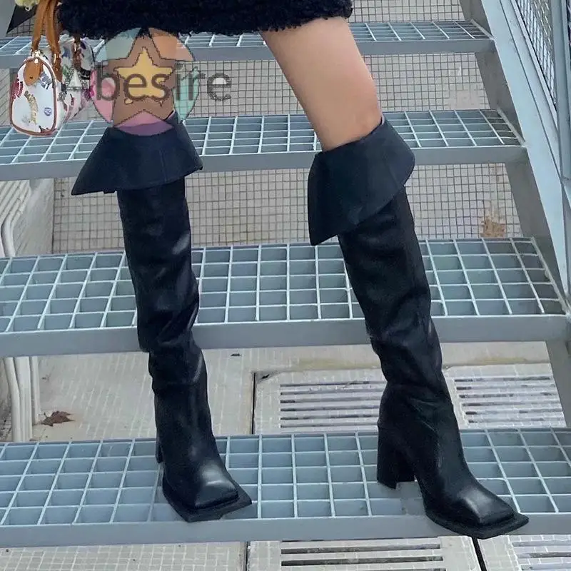 

Autumn and Winter New Women's Thick Heel Square Toe Two-Wear Slip On High Heel Vintange Fashion Soft Knee-High Boots Sexy Black