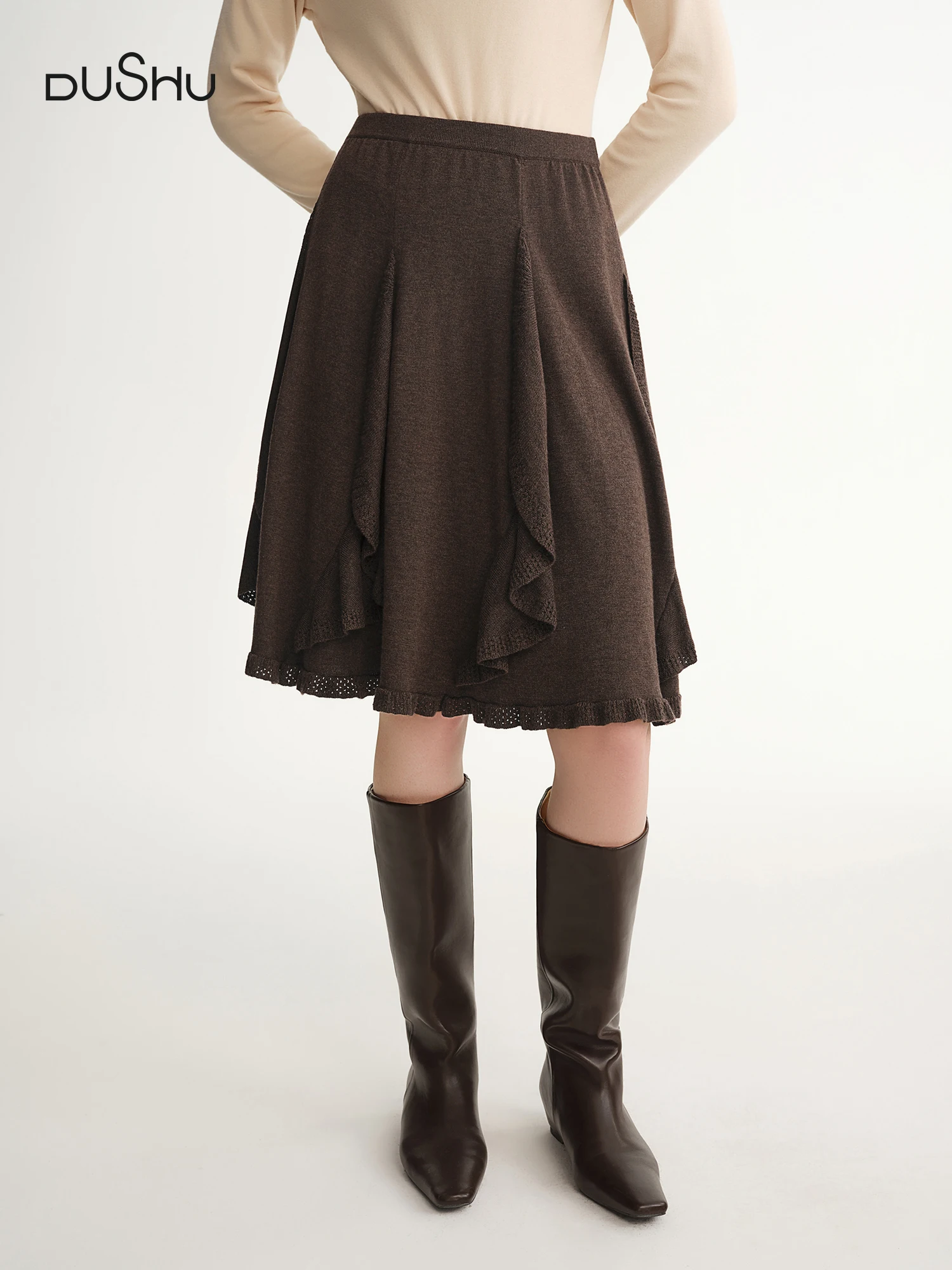 

DUSHU Plus-Size Women's Melody Drifts Crochet Lace Knit Skirt 2025 Winter New Arrival Fashionable Everyday Essentials Mid Skirts