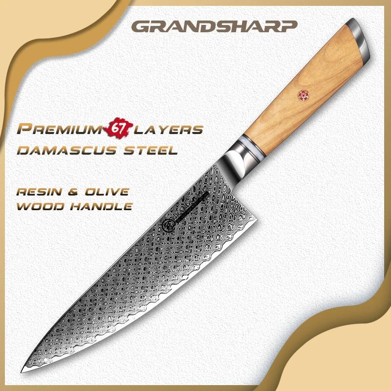 

Grandsharp New 8 Inch Damascus AUS10 Japanese Style Kitchen Cutting Meat Vegetable Chef Knife with Olive Wood Resin Handle