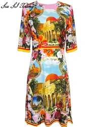 Seasixiang Women's O-Neck Short Sleeves Floral Print Vintage Silk Dresses Fashion Designer Summer