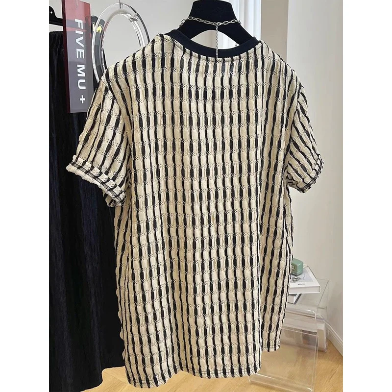 Summer Western Style Simple and Versatile Thin Round Neck Hollow Stripe Casual Loose Oversized Short Sleeve T-shirt for Women