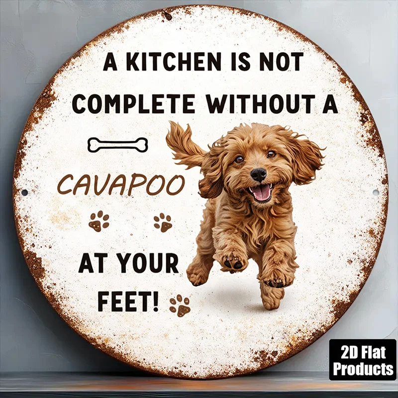 Letrero de pared vintage con temática de Cavapoo, plano en 2D, 1 unidad, redondo, adecuado para sala de estar, decoración de porche, placa con diseño de perro Cavapoo para oficina, cafetería