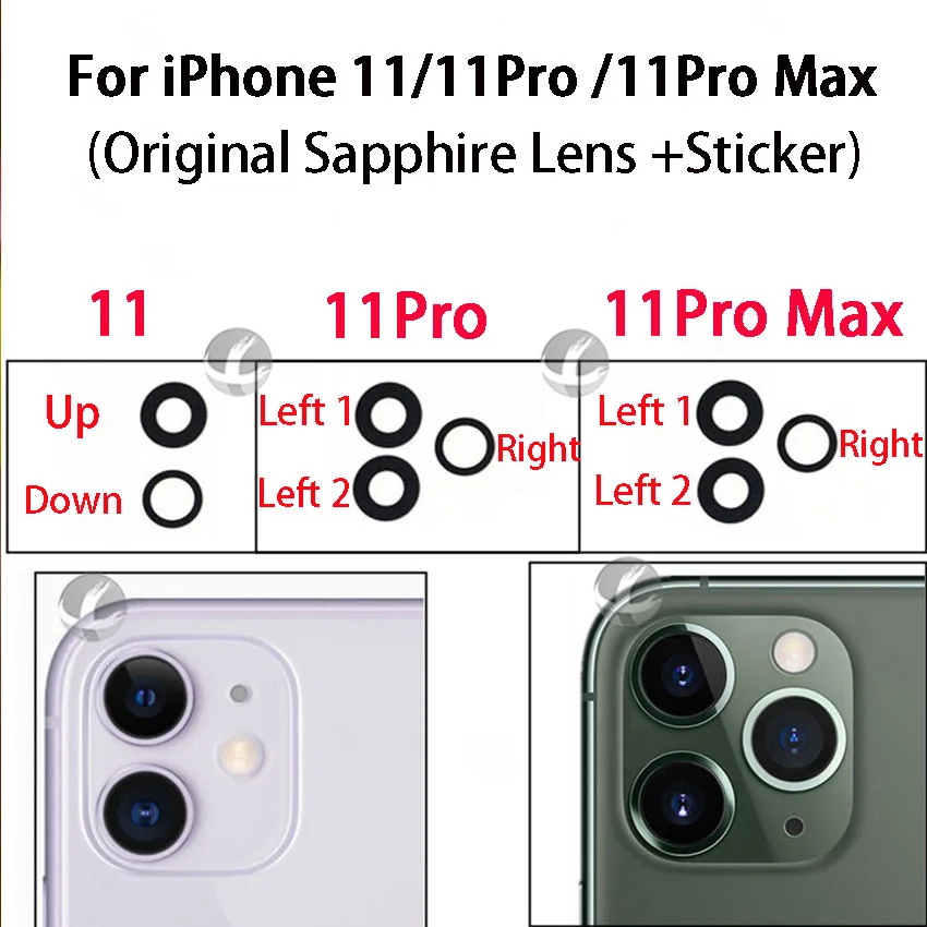 Lentille en saphir d'origine pour iPhone 11 Pro Max, verre de caméra arrière avec adhésif, 2 pièces/lot, 11 P, 11PM