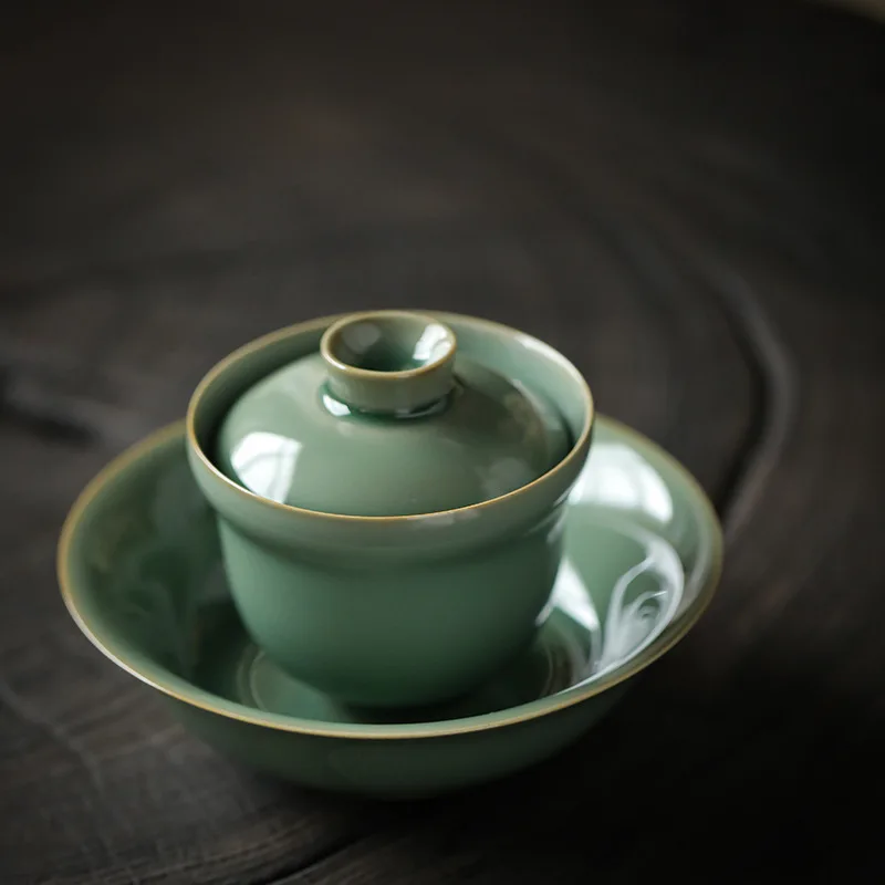 Yue Kiln Celadon Sancai Cover Bowl Large Tea Cup Handmade Ceramic Tea Bowl Kung Fu Tea Set Single Household Hand Grab Pot