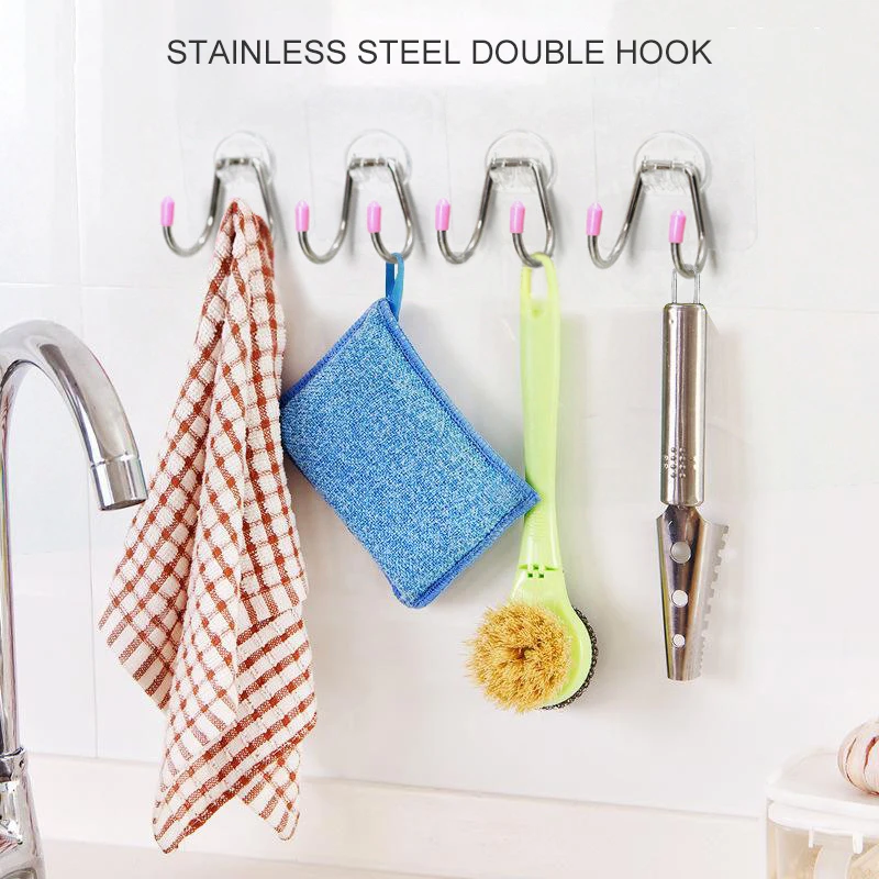 Double Hook Heavy Duty Hooks Punch-free Stainless Steel Viscose Hooks Bathroom Towel Hook Practical Kitchen Storage Hooks