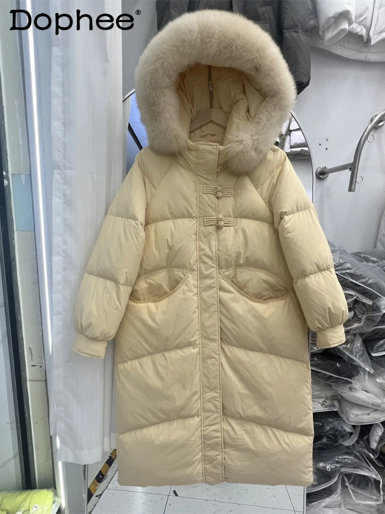 

Mid-Length Over The Knee Hood Fox Fur Collar Down Jacket Female 2023 Winter New Thickened Loose Solid Color White Duck Down Coat