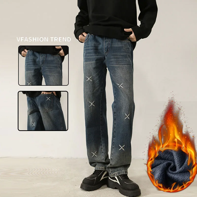 Winterfleece vintage herenjeans gewassen zwart blauw geborduurde dikke broek losse Amerikaanse retro rechte pijpen trend denim broek