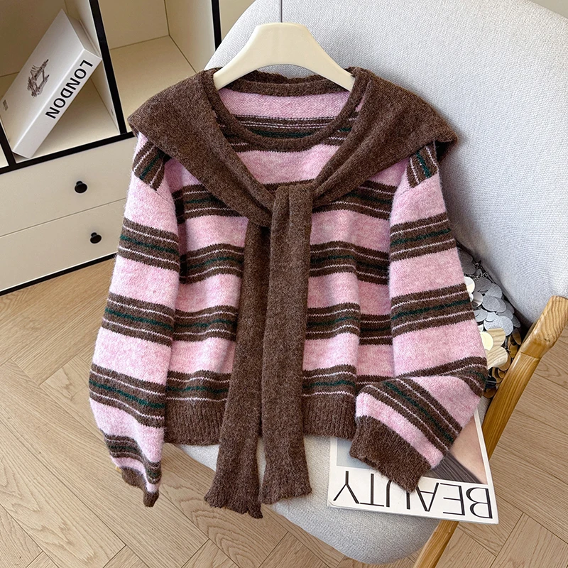 

Seoulish Autumn Winter Vintage Striped Women's Knitted Sweaters Long Sleeve O-neck Casual Loose Korean Pullovers Tops Female