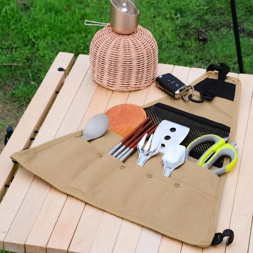 900D Oxford Fabric Camping Storage Bag Triangular Hanging Loop Utensil Storage Bag Multi-Pocket Tableware Organizer Grilling