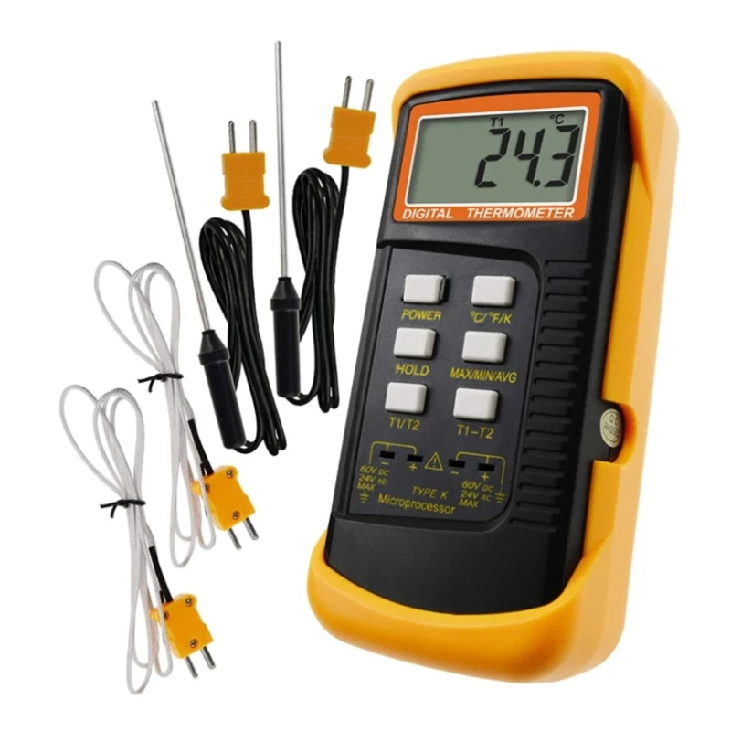 

Lab K-Type Thermocouple Thermometer with Double Channels 4 Probes Handheld High Temperature Measurement High Heat Meter Dropship