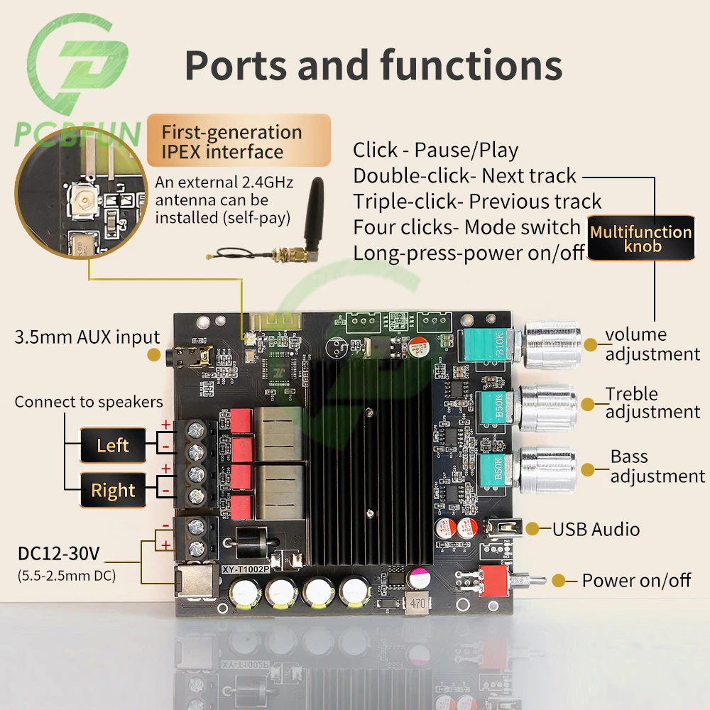 DC12-30V XY-T1002P Upgraded Version Bt Digital Amplifier Board 100W * 2 Stereo High And Low Frequency Adjustment Tpa3221 Chip