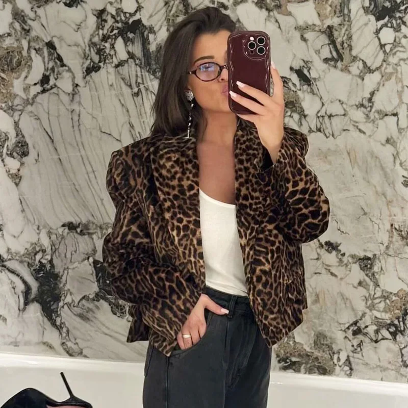 HXAO Leopard Velvet Skirt Set Women\'s Two Pieces Set Autumn Crop Blazer Elegant Women\'s Sets Mini High Waist Skirt Two Piece Set