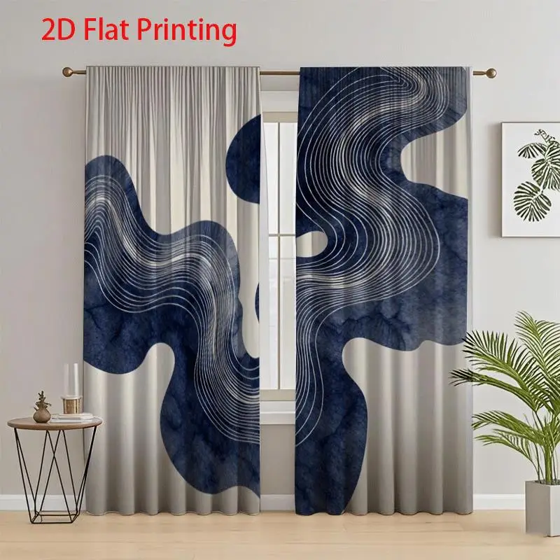 Abstract Wave Pattern Curtain Pair 2pcs Modern Living Room Window Drapes Blue Home Decor Curtain Panel Set for Bedroom Bathroom