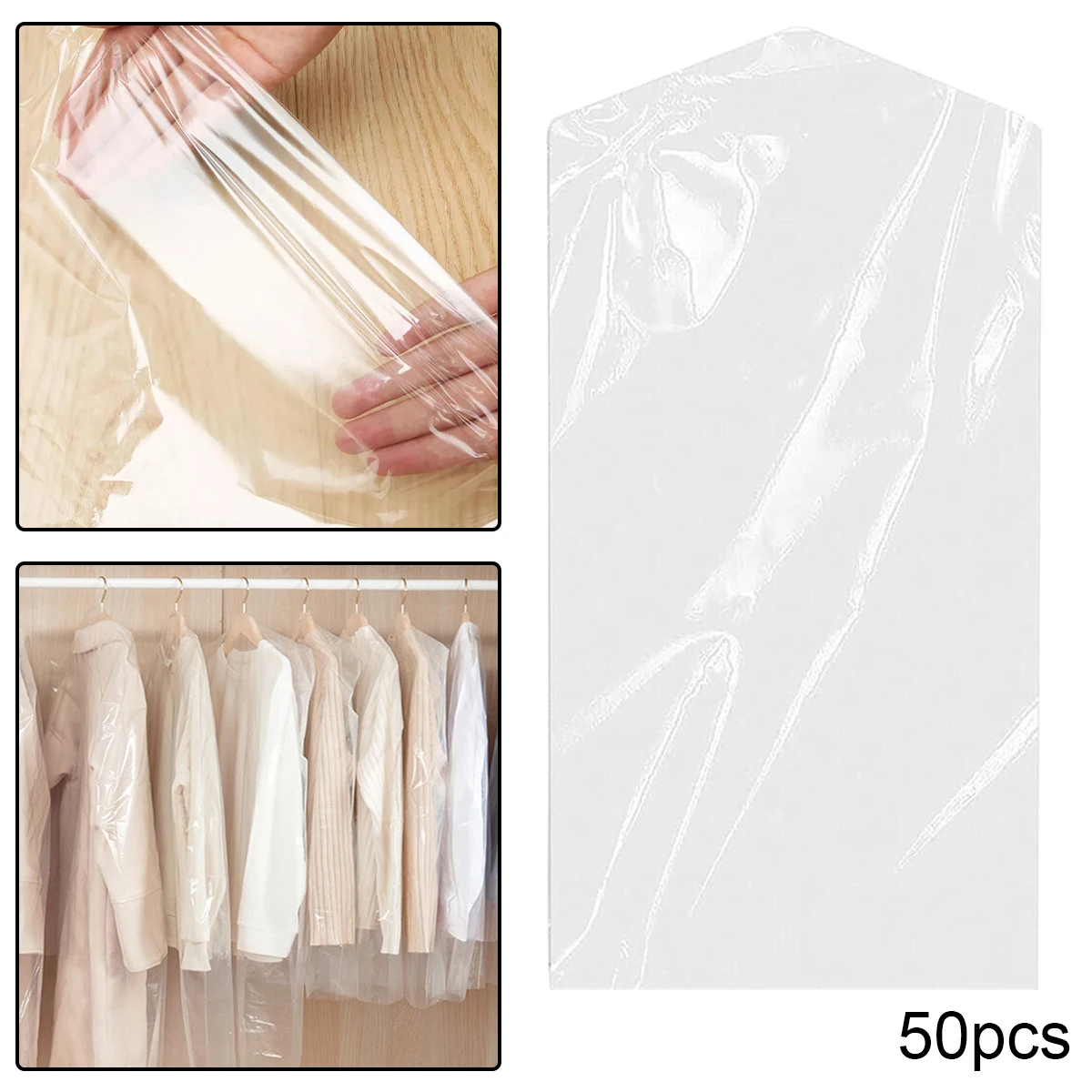 

50 PCS Cleaner Clothes Dry Cleaning Hood Garment Bags 100*60*0.2cm Covers Storage PP Hanging