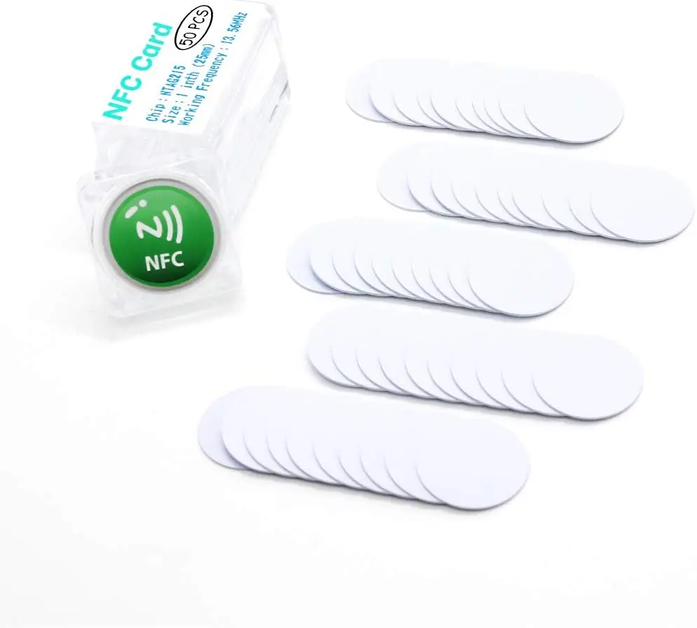

50pcs NTAG215 NFC Round Card 25mm(1Inch), Compatible with TagMo and Amiibo, 504 Bytes Memory for All NFC Phone and Devices