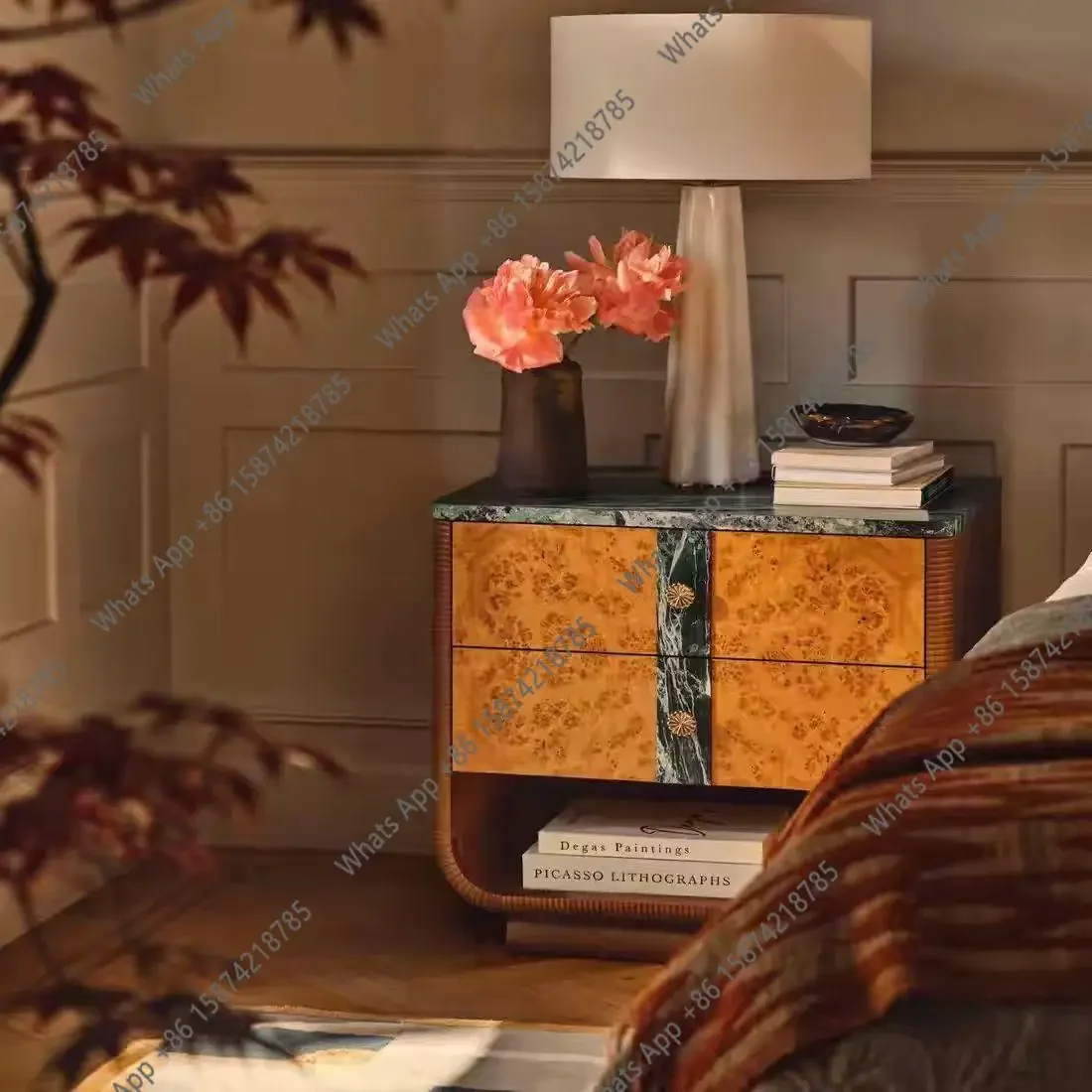 

KK Retro solid wood bedside table medieval designer creative marble countertop high-end art locker