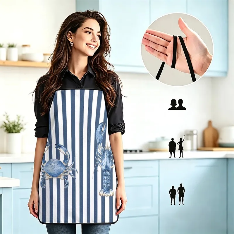 1PC【Apron】2DFlat effect，Printed with a watercolor blue crab and lobster design，Blue and white vertical stripe design，Durab